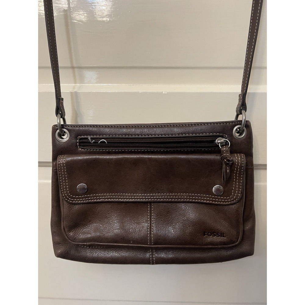 Vintage Fossil Brown Leather Zip Top Bag Purse Crossbody Outer Pockets Y2K - Picture 2 of 11